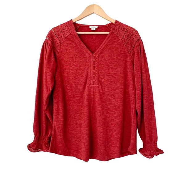 Sundance Tops - Sundance Womens Red Lace Henley Neck Elastic Cuff Sleeve Blouse Top Size Medium